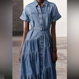 Zara Denim Blue Button-Down belted Dress